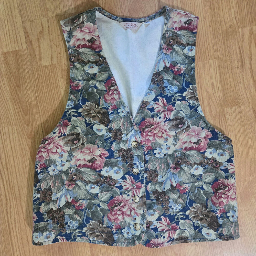 Gotcha Covered Womens Vintage 90s Cottage Indie Floral Denim Vest M Blossom TGIF